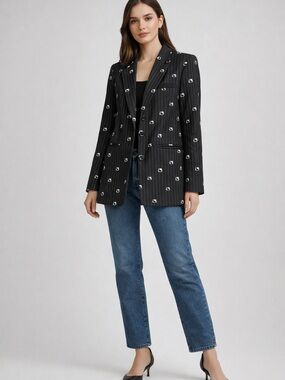 Hello Kitty Black Pinstripe Blazer with White Logo Embroidery